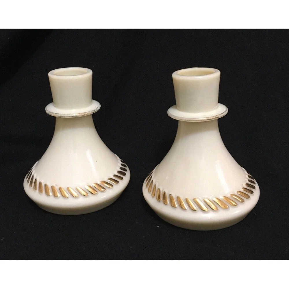 Vintage Pair Custard Glass with Gold accents Wheaton Ware Taper Candle Holders